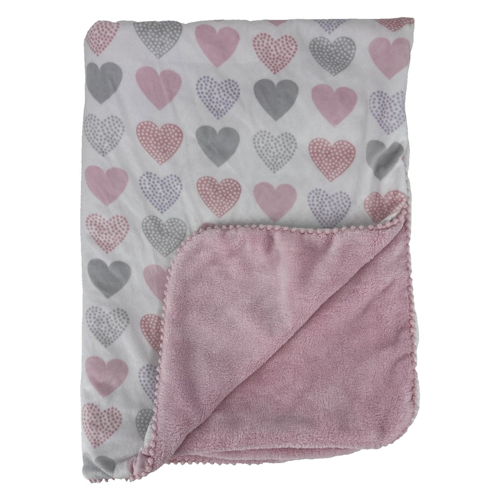Just Born Pink Gray White Heart Print Popcorn Trim Sherpa Baby Blanket Girl
